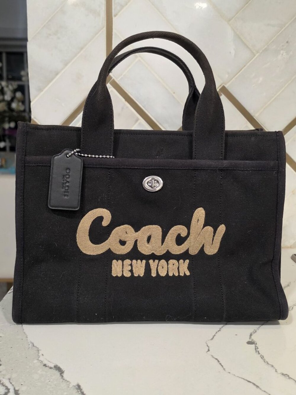 Coach Black Canvas Tote Bag With Gold Logo Spacious Interior Snap Closure Faded